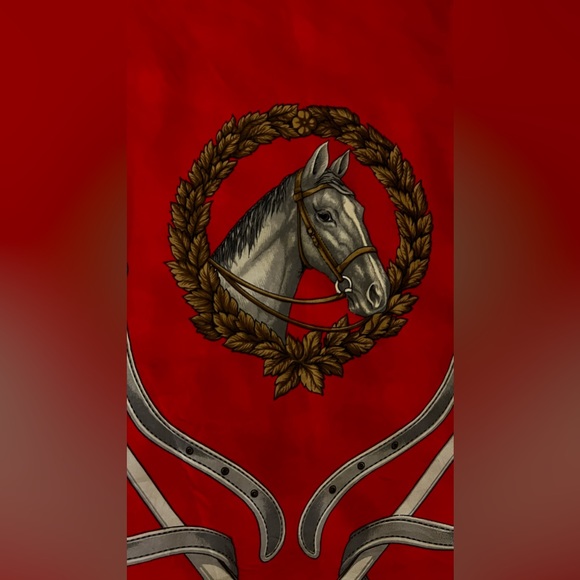 Celine Scarf. 100% Silk, Hand Rolled. Made in Italy. Equestrian Motif. - Picture 8 of 14